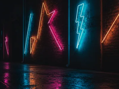 Karanlık duvarda cyan neon şimşek