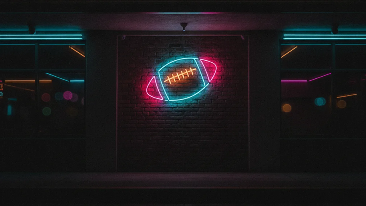 Karanlık tuğla duvarda neon tabela futbol topu, pembe ve cyan ışık