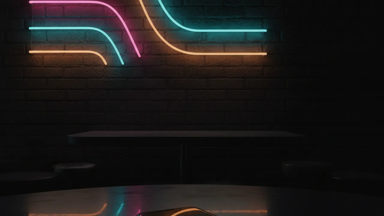 Karanlık bar masasında ekranı neon yansımalı telefon