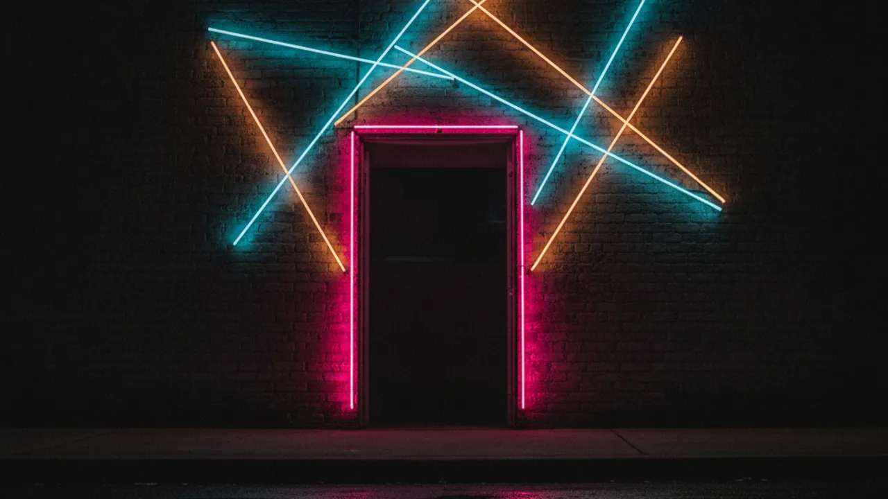 Karanlık tuğla duvarda pembe neon açık kapı çizgisi